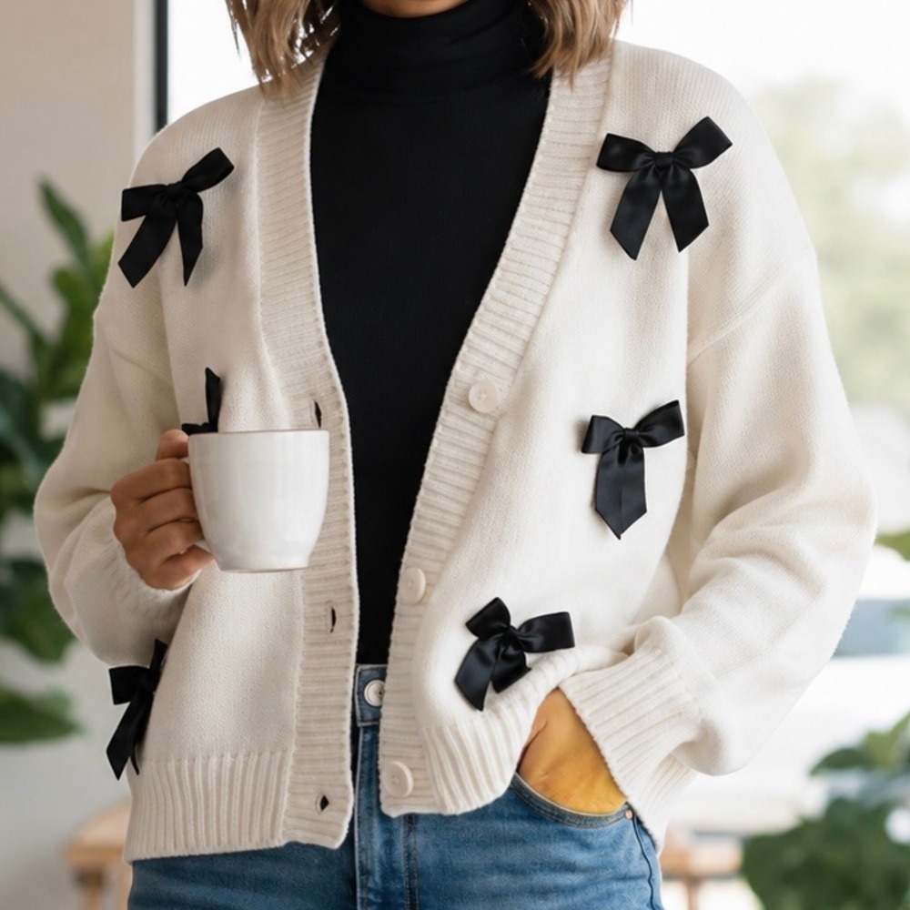 Luna Ivy x Anthropologie Bow Bows Cardigan Cream Black Satin Ribbon Size Small